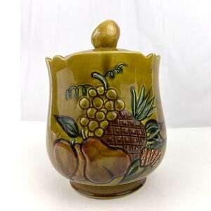 California Pottery Cookie Jar 2004 Mustard Yellow Embossed Fruit VTG Kitchen
